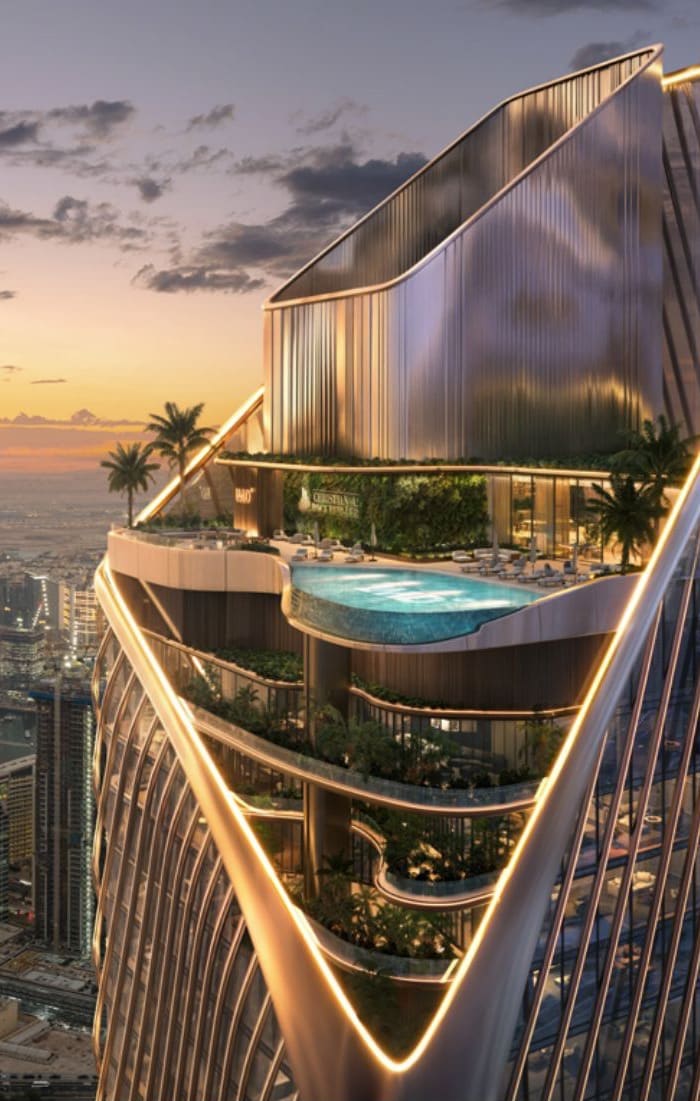 Artist's impression of the pool terrace at the crown of the tower at sunset